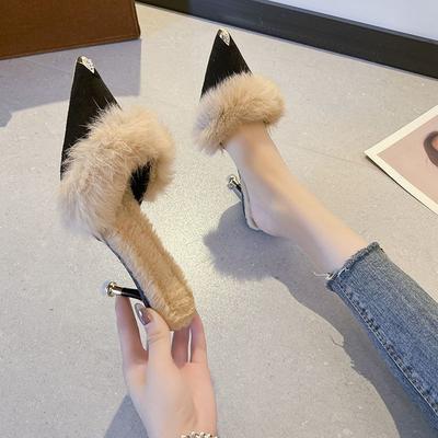 Season's New Outer Wear Bag Head Slippers Women's Pointed Head Thin Heel Bag Head Warm Half Slippers Women
