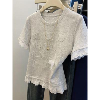 Pure Cotton Gray Lace Splicing Fake Two-piece Short-sleeved T-shirt for Women In Summer Short Slim Tops Ins