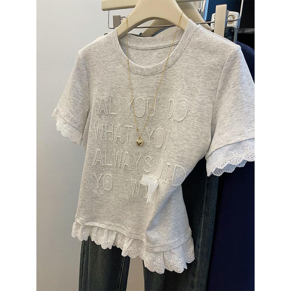 Pure Cotton Gray Lace Splicing Fake Two-piece Short-sleeved T-shirt for Women In Summer Short Slim Tops Ins