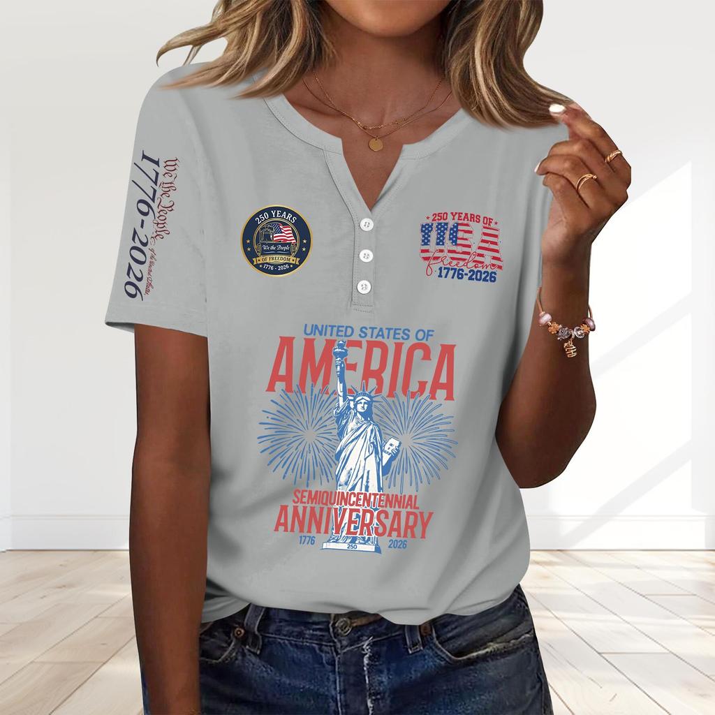 Women's Fashion Casual 250th Anniversary Independence Day Print V-Neck Short Sleeve Decorated Button-Up T-Shirt