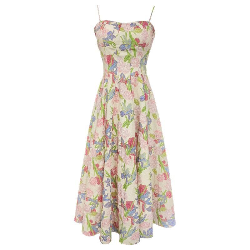 Neue Kaffeepause Französisches High-End Chiffon langes Kleid Ölgemälde Blumiges Trägerkleid Zweiteiliges Set Damen Sommer