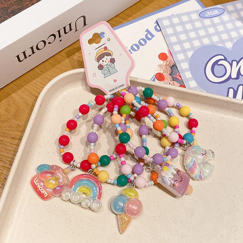 5-Piece Cute Resin Graffiti Beaded Bracelet Set for Little Girls - Cartoon Princess Design