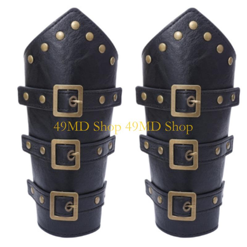 49MD 2pack Handmade Leather Wrist Bracers Durability PU Leather Steampunk Arm Cuffs