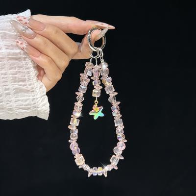 Shiny Crystal Phone Wrist Chain & Star Charm Handmade Colorful Beaded Anti-Lost Lanyard Cute Phone Accessories for Women & Girls