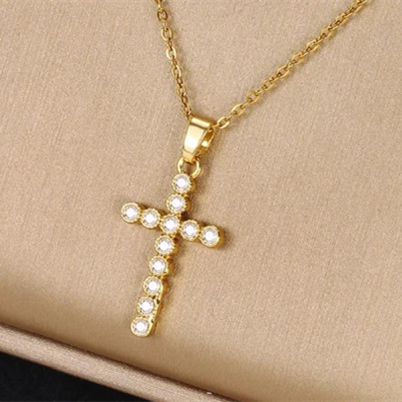1 Pcs Luxury Cool Wind Cross Gold Plated Copper Pendant With Stainless Steel Chain Combination Of Collarbone Necklace