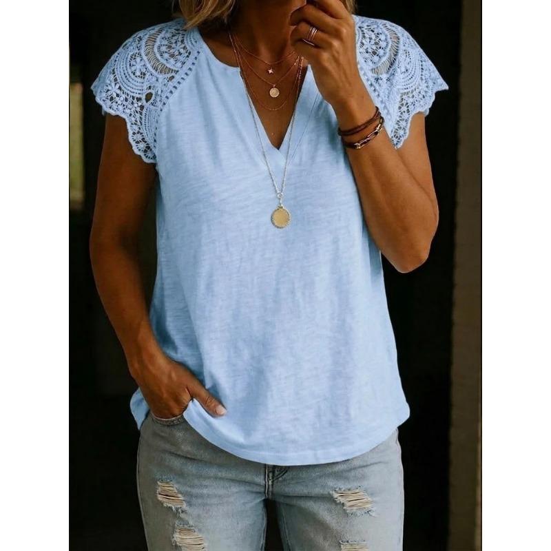 Women V Neck Lace Patchwork Short Sleeve Loose Casual Comfortable Summer New T Shirt Top