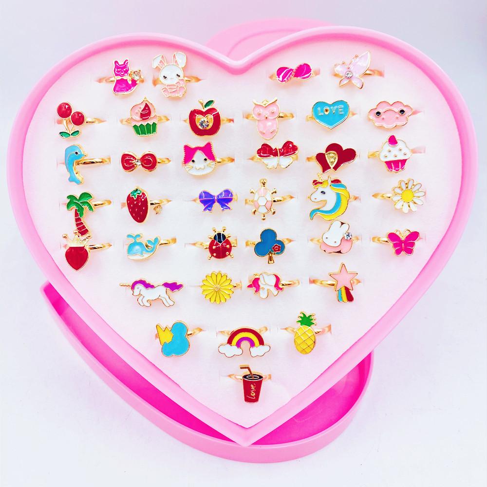 36 Anillos Ajustables para Niñas Juguetes de Maquillaje para Jugar a Fingir para niños Joyería de Dibujos Animados Anillos de Aleación Regalos de Cumpleaños para Niñas