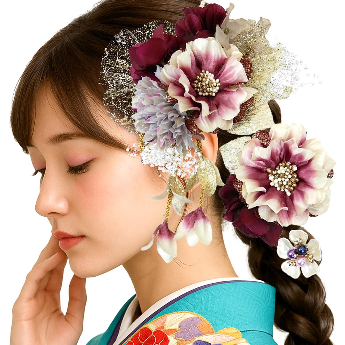 

Hair Ornament Set for and and Includes Flower and Kanzashi Hair Accessories and 3-Piece (kk-392) Kimono, Yukata, Coming-of-Age Ceremonies, Hakama,