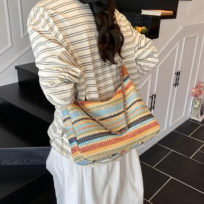 Summer New Fashion Contrasting Color Striped Bag Women's Niche Design Woven Bag Large Capacity Shoulder Dumpling Bag