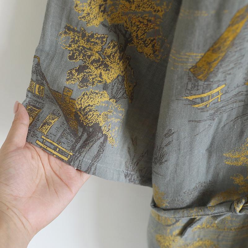 Men's Pure Cotton Jacquard Kimono Robe - Loose Fit, Plus Size, Ideal for Spring to Autumn Sleepwear and Sauna.