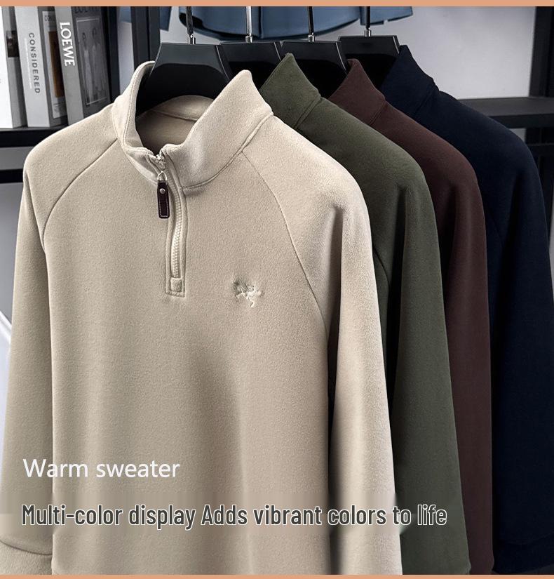 Men's Half-Zip Oatmeal Fleece Wool Hoodie, Autumn/Winter, Stand Collar, Fashionable & Versatile Long Sleeve