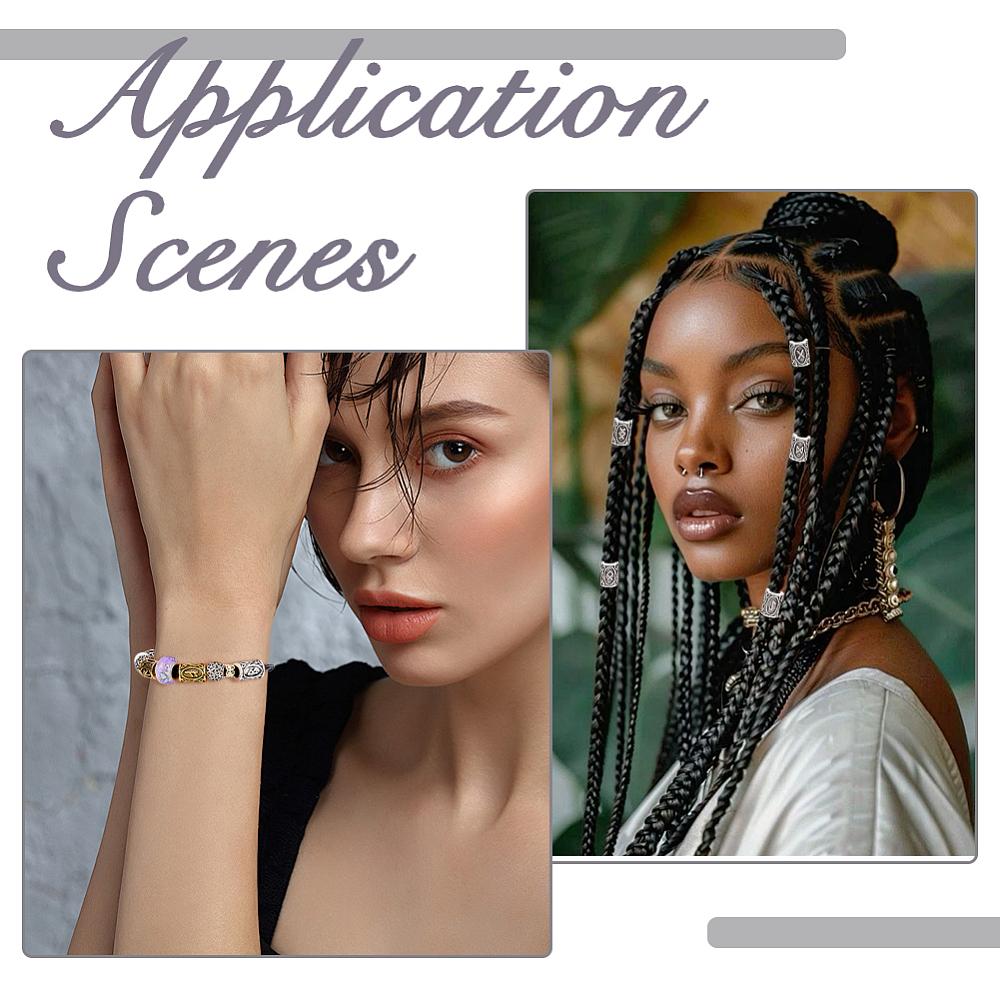 24Pcs 24 Style Tibetan Style Alloy Dreadlocks Braiding Beads for Hair Styling Column with Rune Antique Silver 13x8.5mm Hole: 5.2mm
