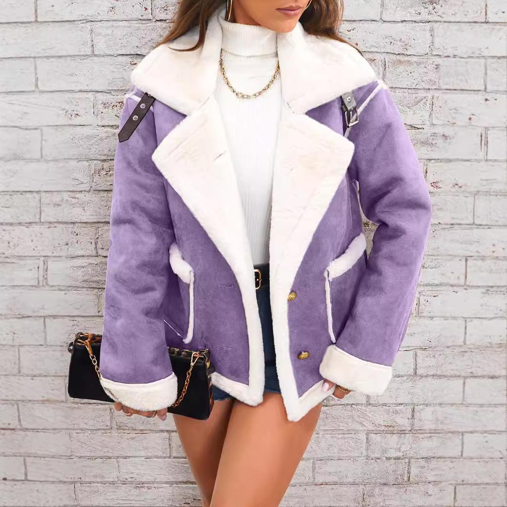 Winter Women's Fashion Lapel Plush Jacket Warm Casual Coat