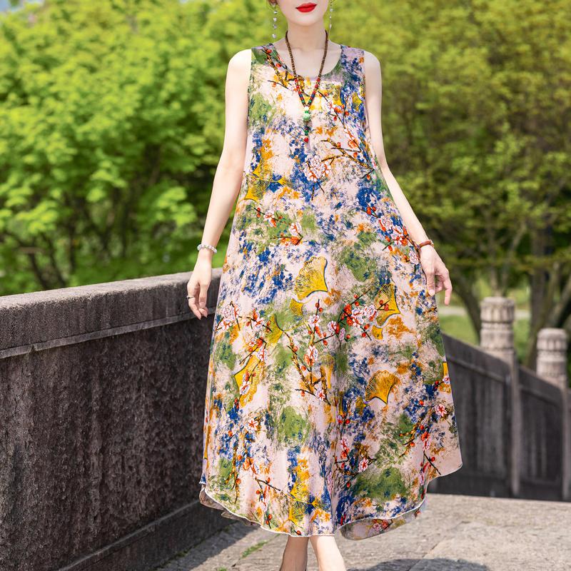 Elegant Sleeveless Dress Summer Fashion Casual Loose Vintage Print Long Dresses for Women Summer Clothes