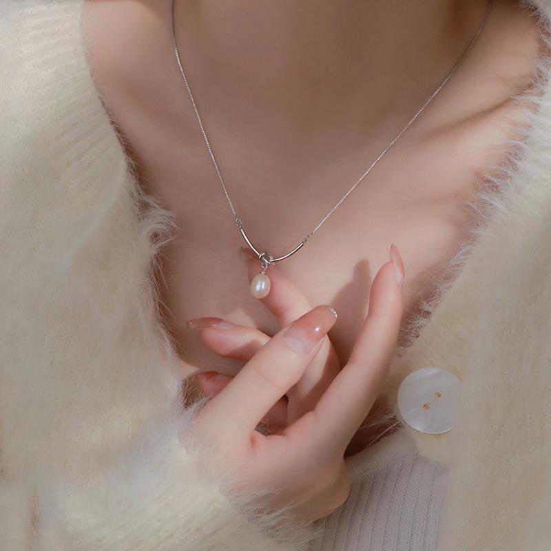 PONYKISS Real Sterling Silver Pearl Knot Choker Necklace for Fashion Women Classic Fine Minimalist Accessories