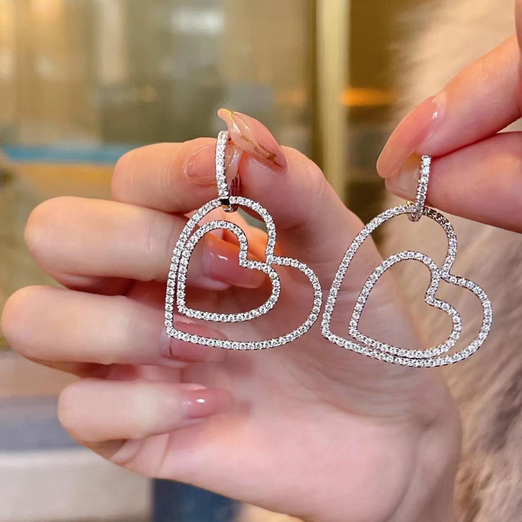 Fashionable Women's Micro Paved Cubic Zircon Brass Huggie Hoop Earrings New Trend Double Heart Drop for Parties and Gifts