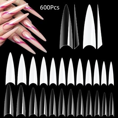 600 Pcs Stiletto False Nails Press On Acrylic Nail French Half Cover Gel Tips Fake Tips Manicure Supplies DIY Extension Tools