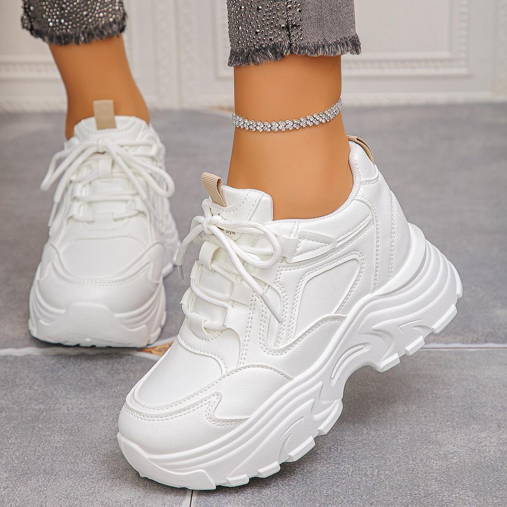 Women's Chunky Sneakers White Black Leather Platform Sneakers for Women Height Increasing Shoes Thick Sole Casual Shoes Woman