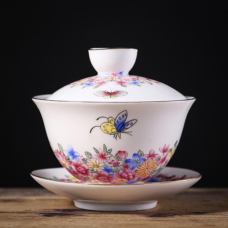 

Retro ceramic enamel court lid bowl single gold-plated kung fu tea set eight treasures of tea brewing utensil