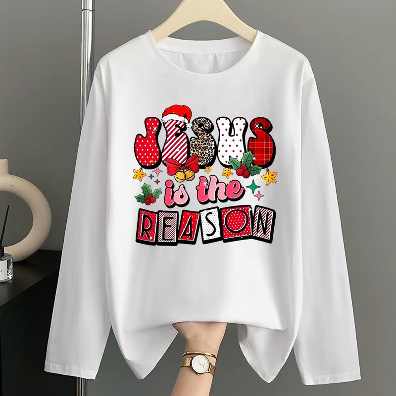 (Asian Size) Style Merry Christmas New Year Graphic Tee Women Autumn Winter Casual Fashion Top O-neck Clothing Print T Shirt Long Sleeve T-shirts