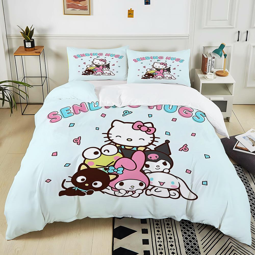Cute Sanrio Friends Print Bedding Sets Hello Kitty Melody Cinnamoroll Bed Cover Duvet Cover Pillow Case 2-3 Pieces Sets