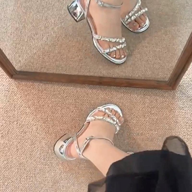 [Heel Height .5cm] Thick Heel Thick Sole Heightening Rhinestone Sandals Women Wear Summer New Open-toed Slippers