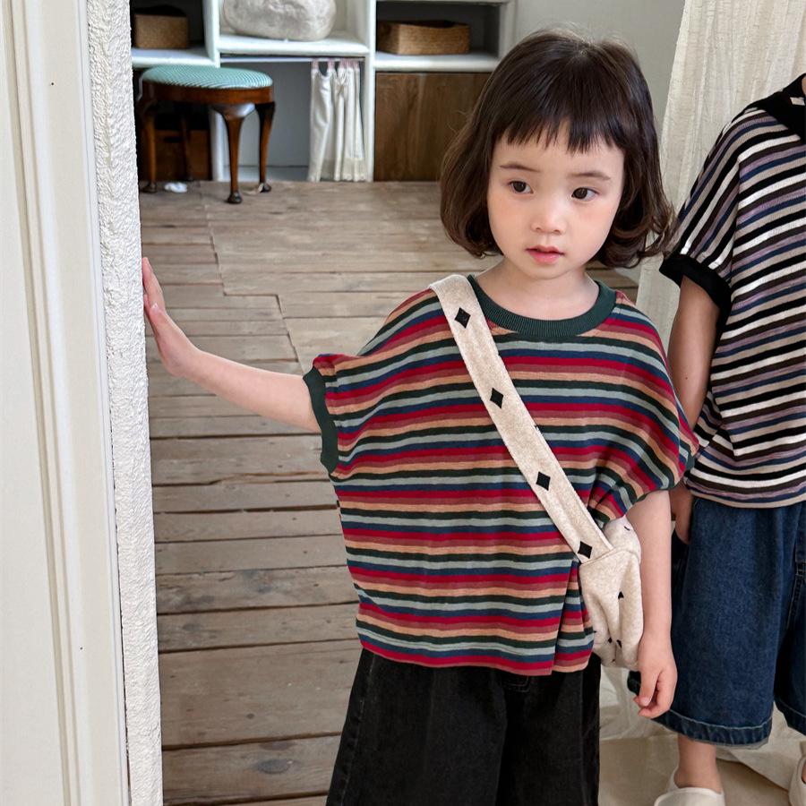 Jiaye Lato 2025 Kolorowe Paski Koszulki dla Dzieci - Unisex Luźny Krój, Okrągły Dekolt, Krótkie Rękawy