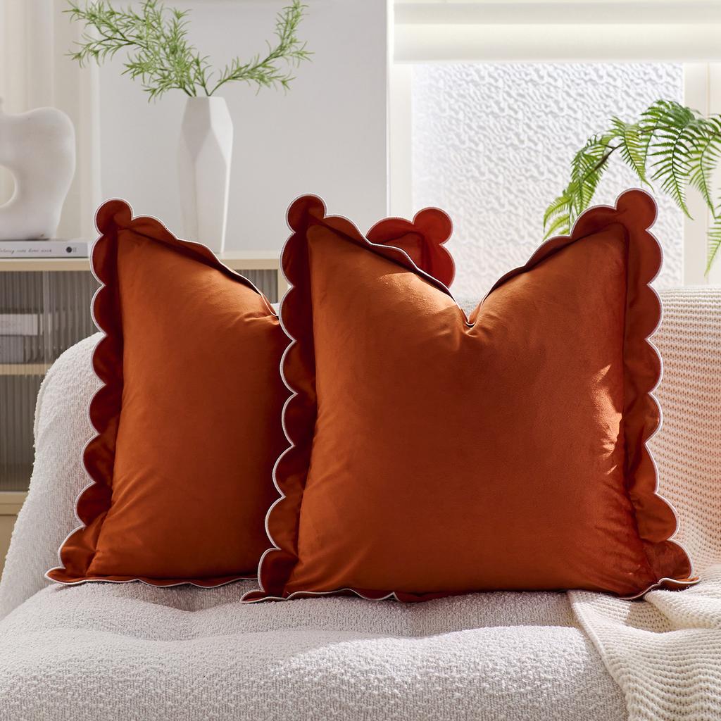 Solid Velvet Cushion Cover With Wave Fringed Navy Red Green Pink Brown Grey