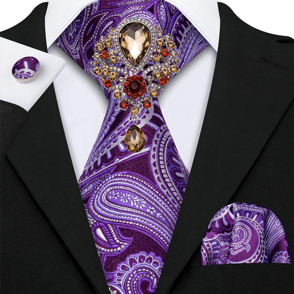 Luxury Tie with Brooch for Men Paisley Solid Formal Silk Necktie Hanky Cufflink Set