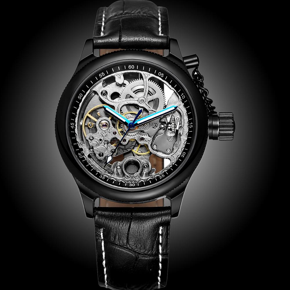 Buy Forsining Men'S Mechanical Watch Screw Crown Cap Design Skeleton Clock  Black Leather Watch at affordable prices — free shipping, real reviews with  photos — Joom