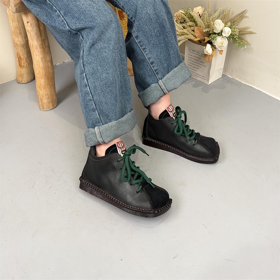 Johnature Genuine Leather Square Toe Retro Short Boots Lace Up Flat Bottom Women's Shoes
