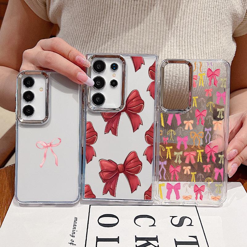 Pink Bowknots Print Case For Samsung S26 S25 Ultra S24 FE S23 Plus S22 S21 A15 A16 A17 A35 A36 A37 A54 A55 A56 A57 5G Plating Lens Soft Cover