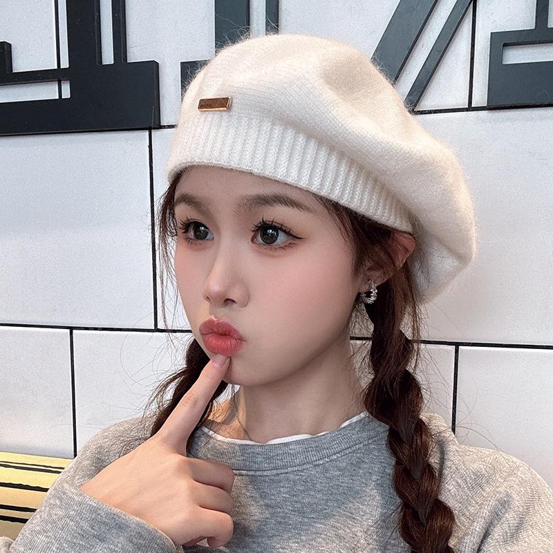 Wool Knitted Beret Hat Women's Autumn Winter Japanese Simple Painter Hats Big Head Circumference Hairline Caps