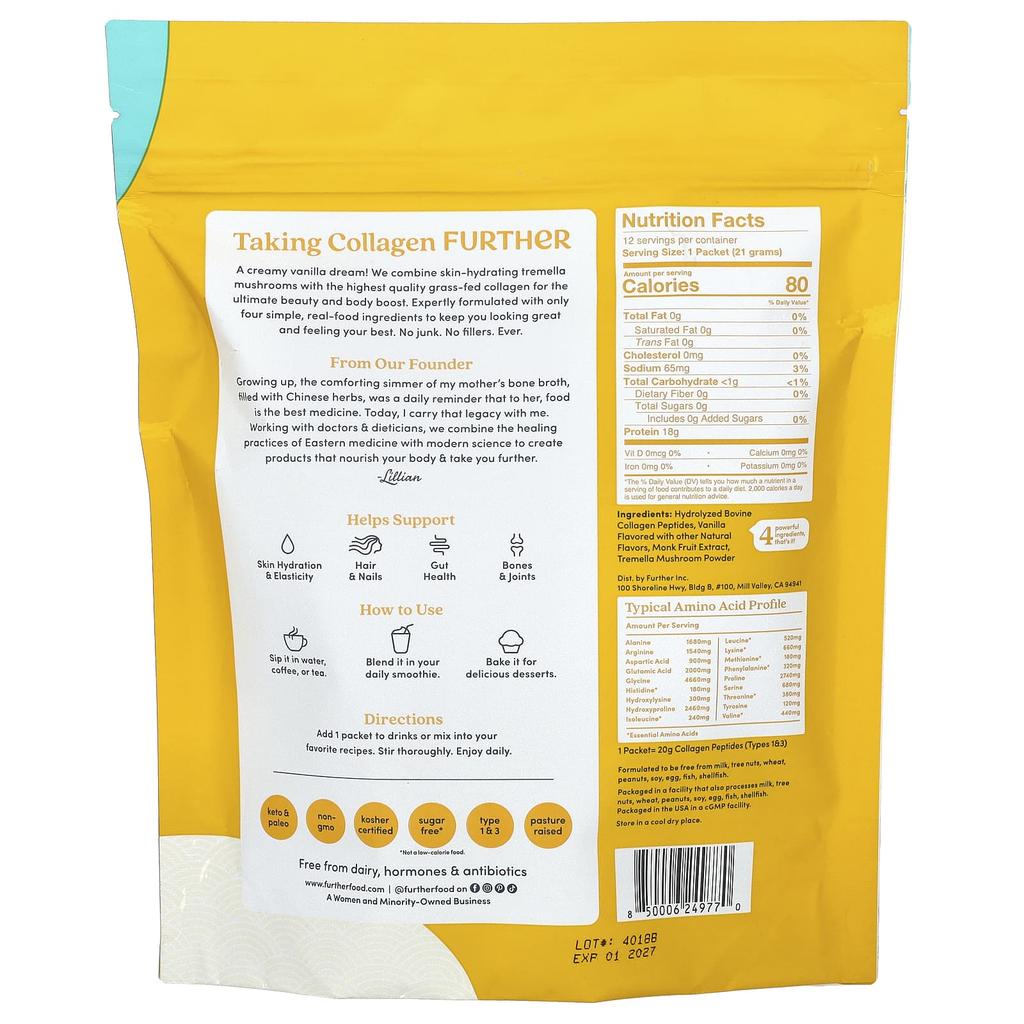 Grass-Fed Collagen Peptides, Vanilla, 12 Packets, 21G (0.74Oz) Each