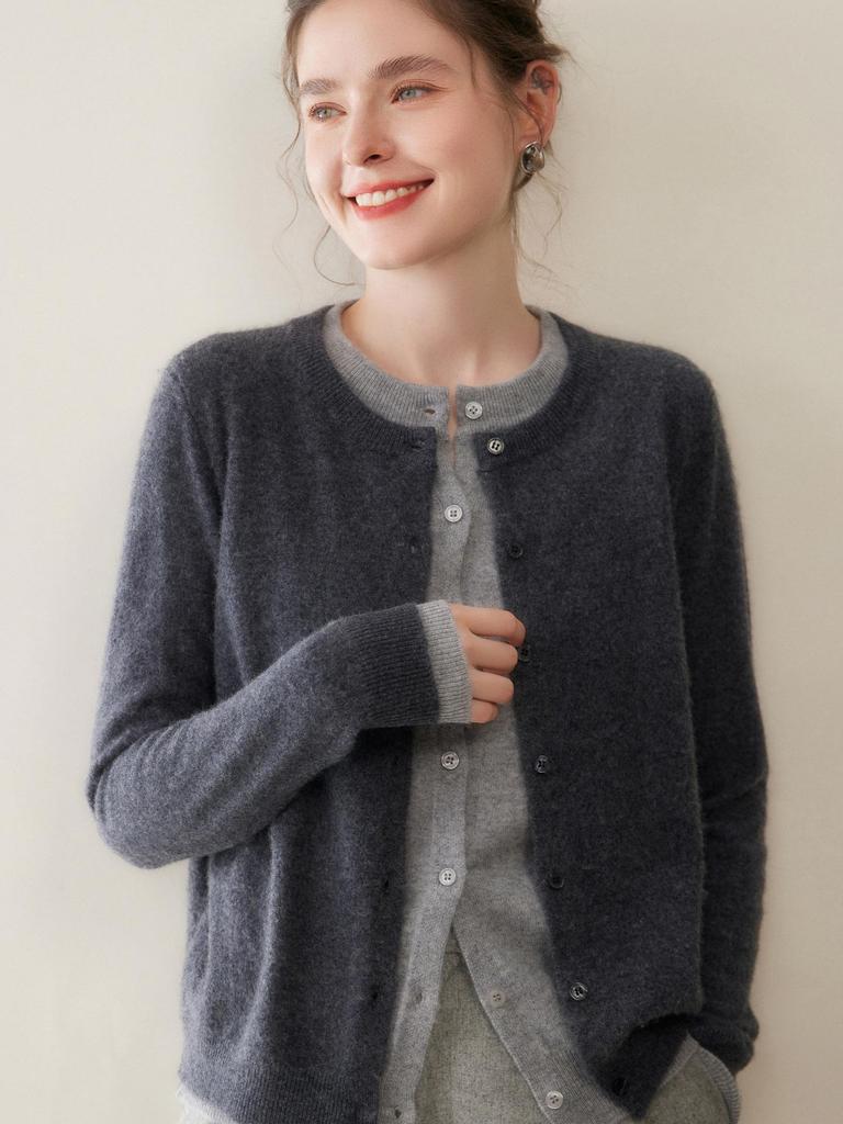 25-Year Women's Cashmere Cardigan: Two-Piece Knit, Loose Fit, Slimming, Versatile Round Neck Color Block Sweater.