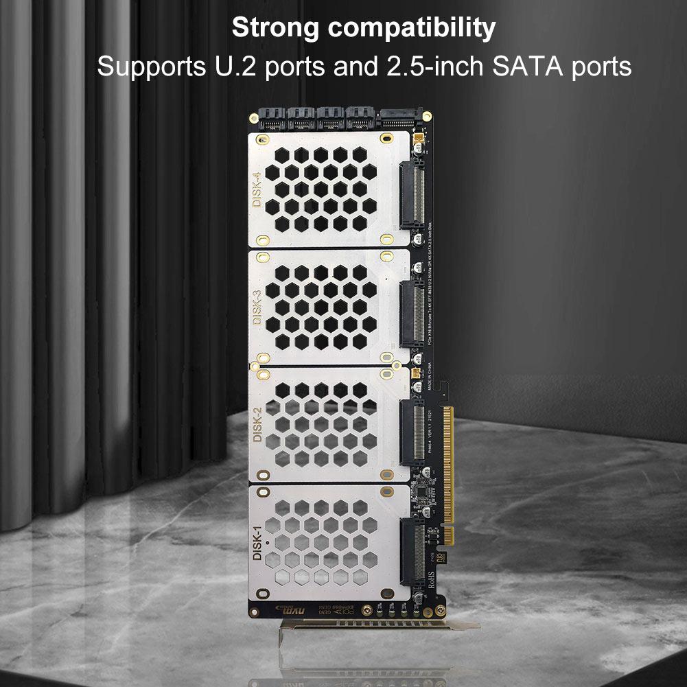 4-Port NVMe Interface PCIe X16 Conversion Card Motherboard Support PCIe X4x4x4x4 Bifurcation U.2 PCIe Adapter with LED Indicator