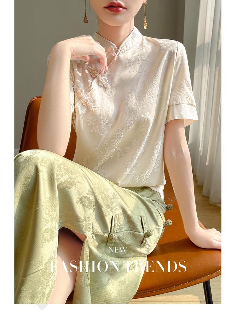 Damen Chinesischer Froschknopf Satin T-Shirt: Kurzärmelig, Stehkragen, Retro-Stil