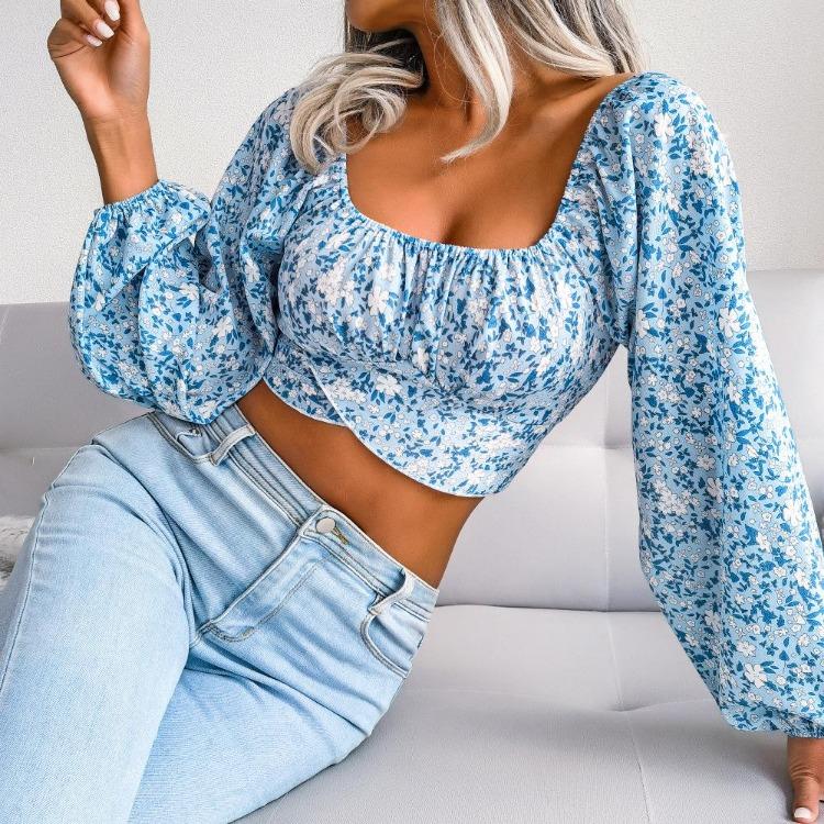 Spring Summer Floral Chiffon Crop Blouse Square Neck Lantern Sleeve Bow Resort Top S-XL