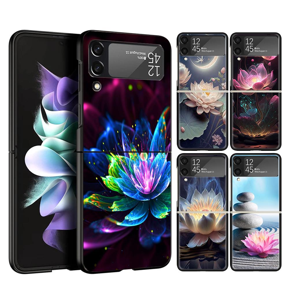 Lotus Blue White Flowers Case Phone Cover for Samsung Galaxy Z Flip 6 5 4 3 5G ZFlip6 ZFlip5 ZFlip4 ZFlip3 Black Hard Trend Fund