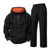 Men's Lined Hooded Sweatsuit Set with Straight Leg Black Pants, Casual Loose Fit for Fall Winter
