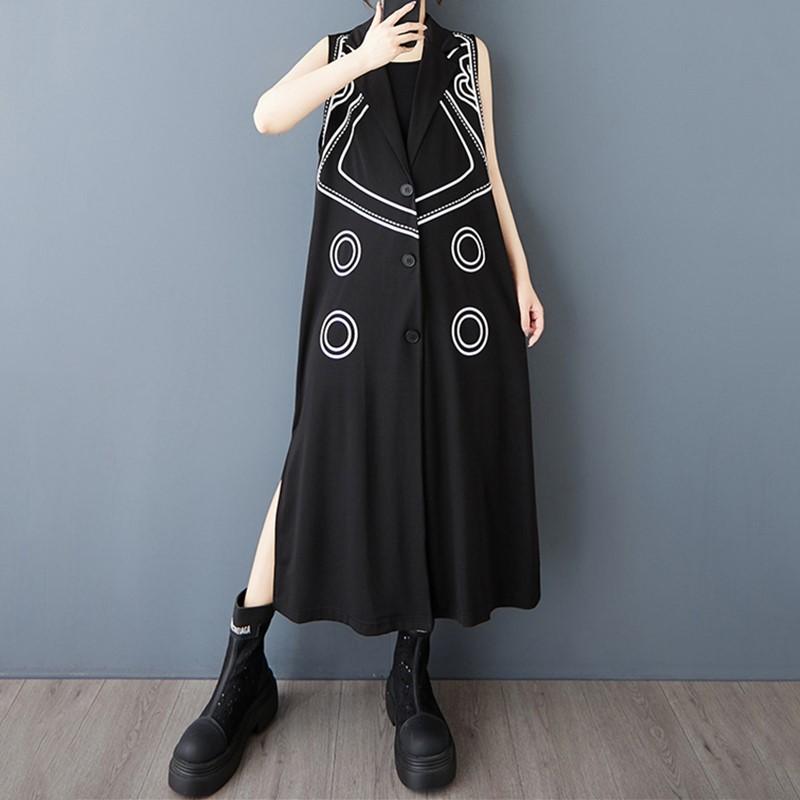 Palton lung casual vintage negru din bumbac fără mâneci plus size pentru femei, îmbrăcăminte exterioară de toamnă, vară, primăvară