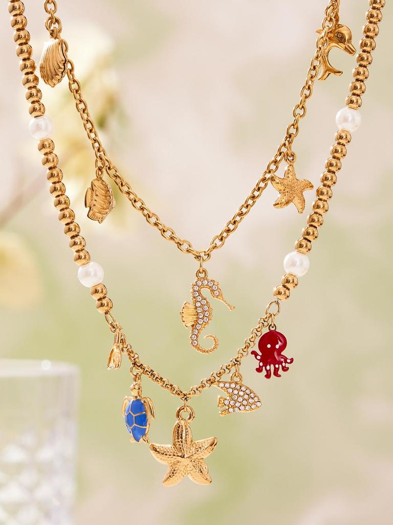 Ocean Style 18K Gold Plated DIY Enamel Jewelry Set with Zircon Seahorse & Starfish Pendants