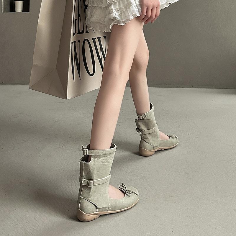 Retro Square Head Bow Women's Cool Boots Summer Hollow Wedge Heel Roman Sandals Skinny Short Boots Fashion Boots Tide