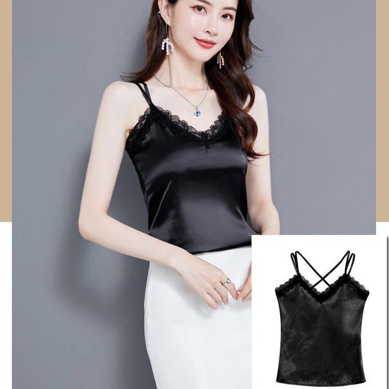 Spring and Summer Black Lace Imitation Silk Sling Women's Thin Suits Wear Outer Vests and Inner Vests Sleeveless Bottoming Shirt Top