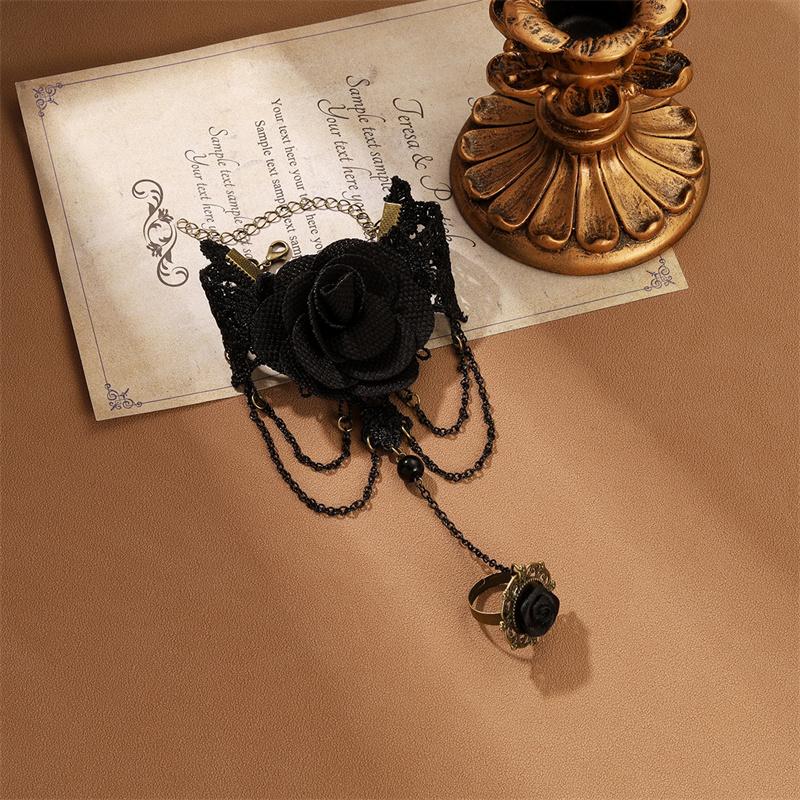 Black Lace Red Rose Finger Bracelet With Ring Harness Slave Link With Ring Bracelet Accessories Party For Women