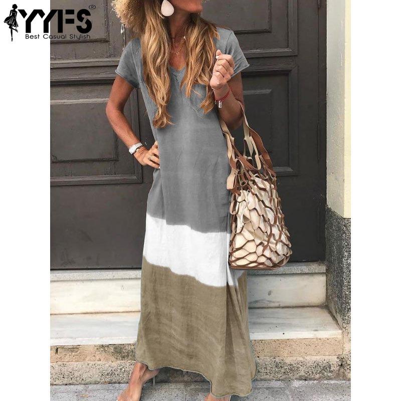 YYFS Women's Fashion Summer Spring Colour Block Print Short Sleeve V-Neck Casual Dresses
