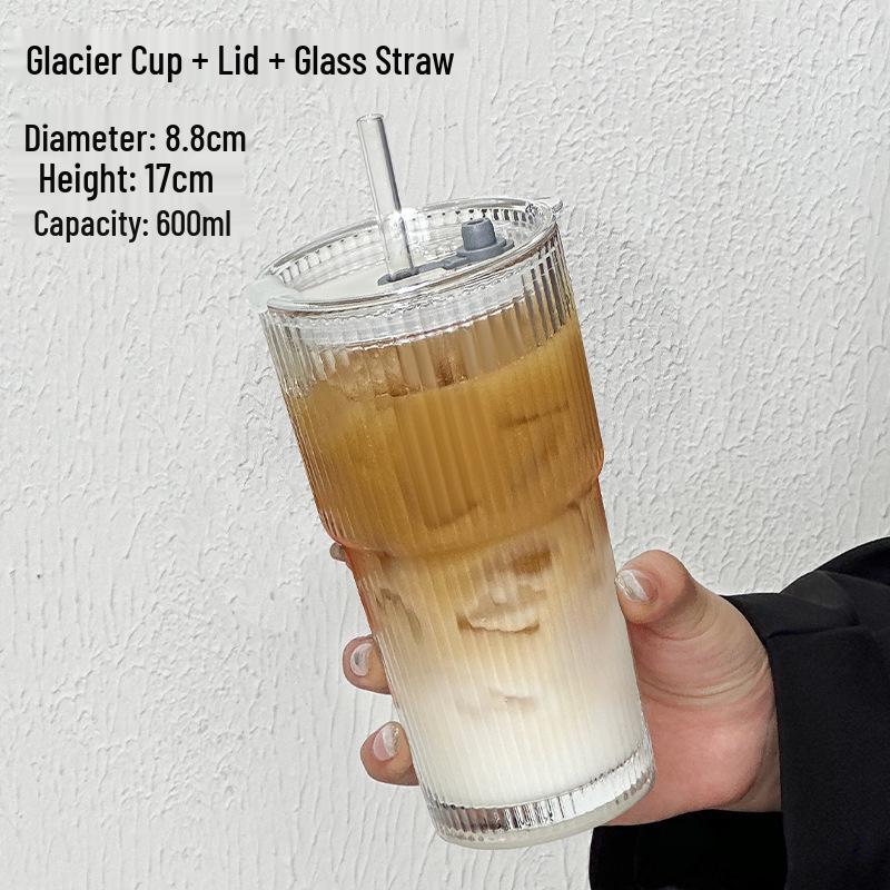 Trendy Large-Capacity Glass Cup with Lid & Straw, Vertical Stripes - Perfect for Cold Drinks, Juice, Coffee, or Water
