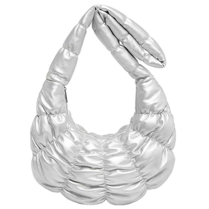 Womens Fashion Pleated Puffer Shoulder Bag Padded Quilted Solid Color Lightweight Crossbody Bag Zippered Purse Handbag серебряный 2190₽