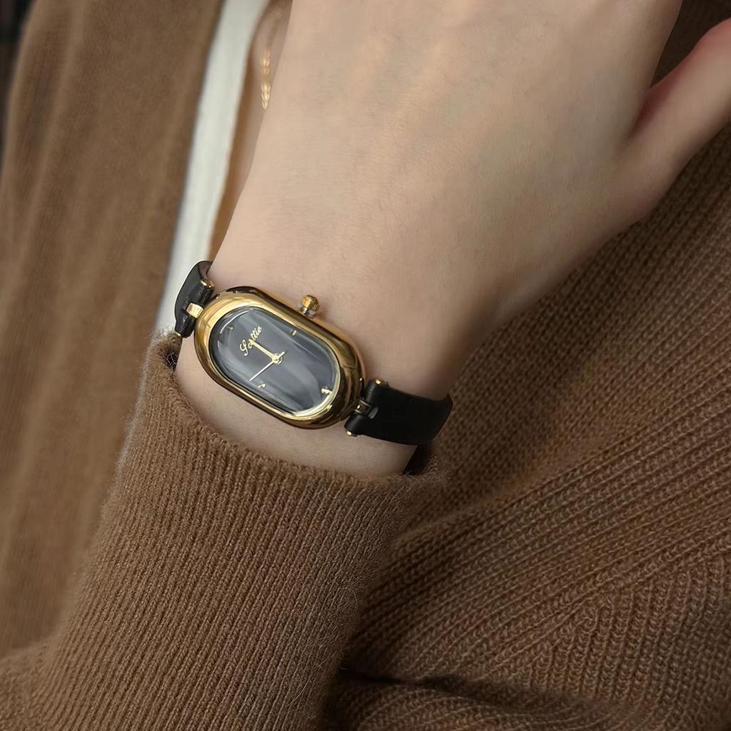 Light Luxury Fashion Women's Watch Original Brands Black Gold Oval Workplace Commuting Genuine Leather Women's Watches Gift