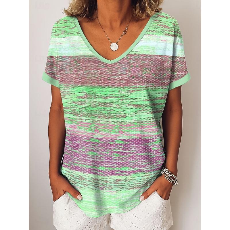 Women's T Shirt Graphic Geometric Striped Vintage Casual Short Sleeve V Neck Regular Tops